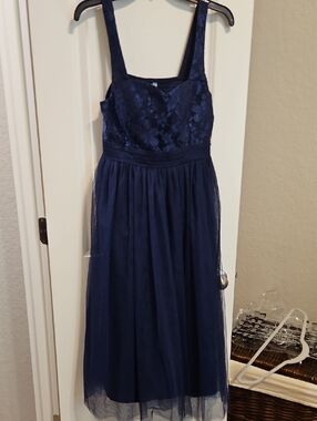 Navy Floral Lace A-Line Dress with Tulle Skirt